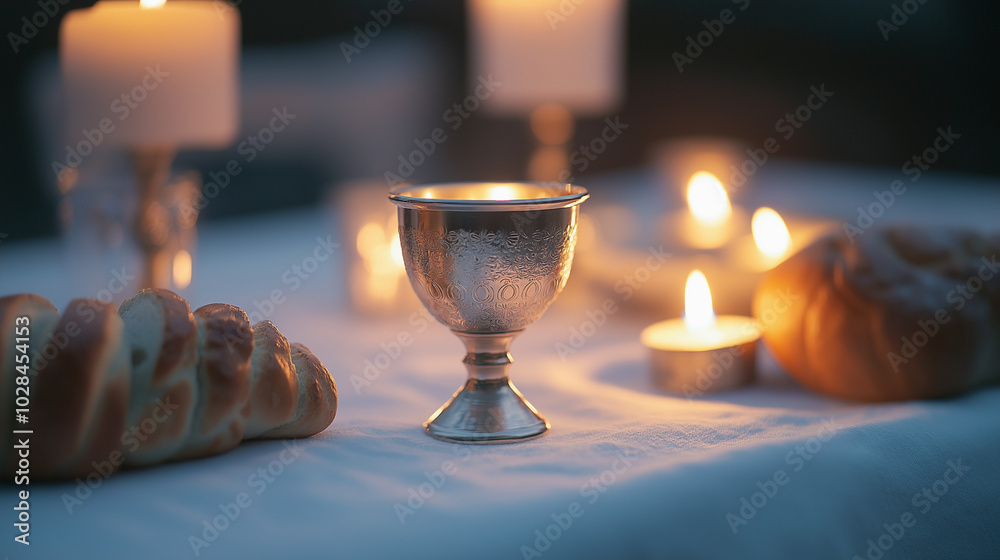 Hanukkah dinner table with candles, silver cup Hanukkah dinner table with candles, silver cup