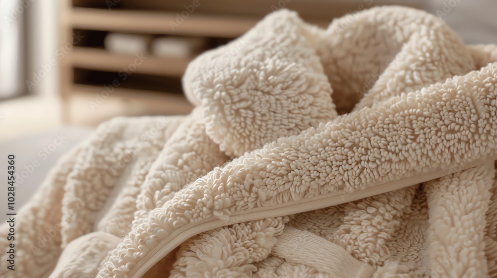 A close up shot of a soft, plush, beige bathrobe. A close up shot of a soft, plush, beige bathrobe.