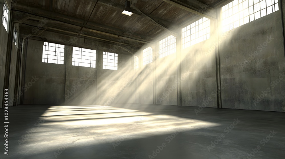 51. An empty warehouse with high ceilings and beams of sunlight streaming in 51. An empty warehouse with high ceilings and beams of sunlight streaming in