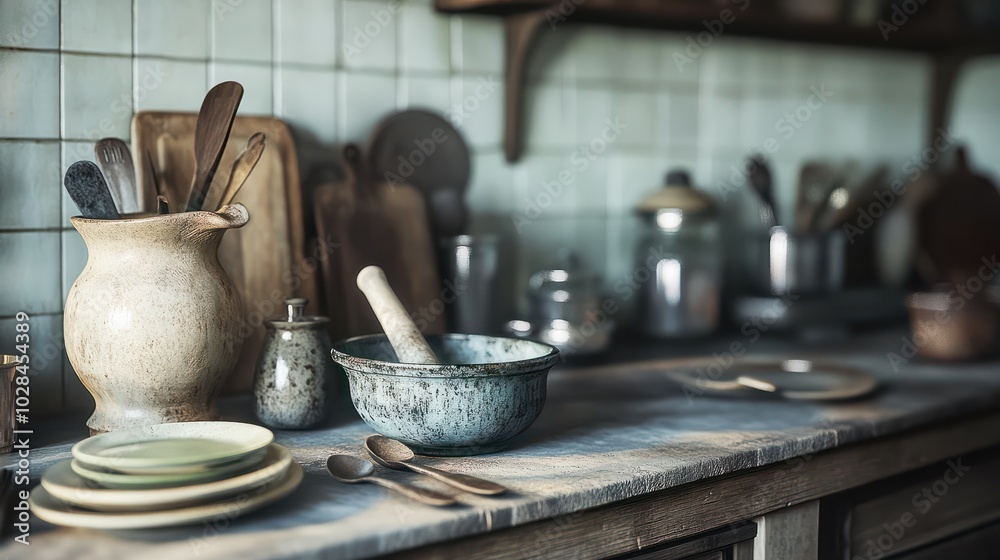 Cozy kitchen with rustic crockery including soup spoons casserole dishes and mortar and pestle sets perfect for hearty meals Cozy kitchen with rustic crockery including soup spoons casserole dishes and mortar and pestle sets perfect for hearty meals