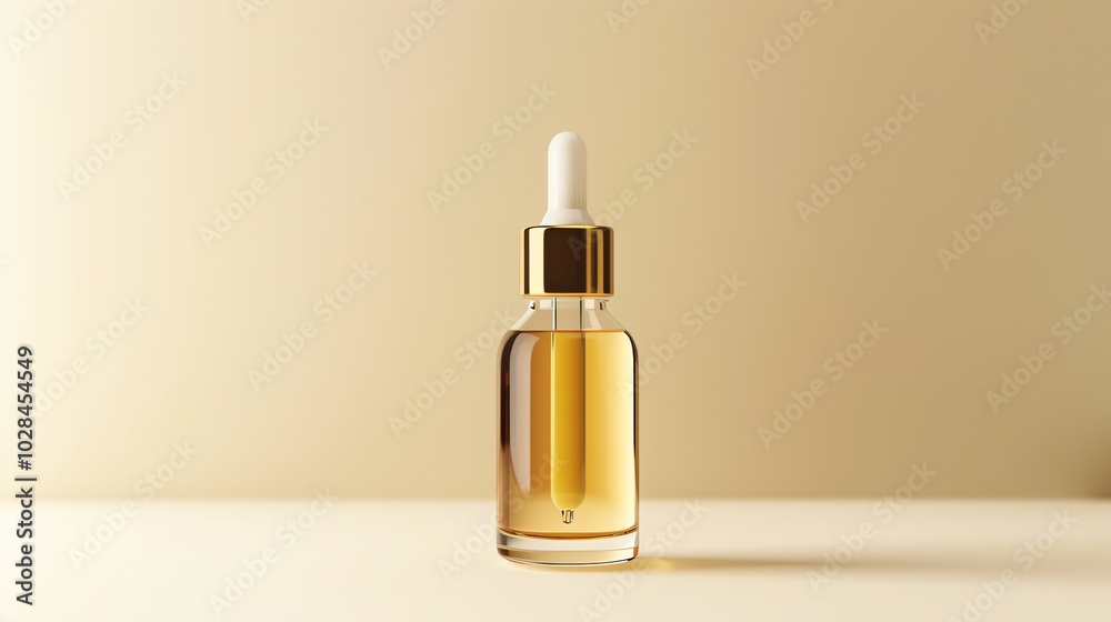 A glass dropper bottle with gold lid and serum. A glass dropper bottle with gold lid and serum.