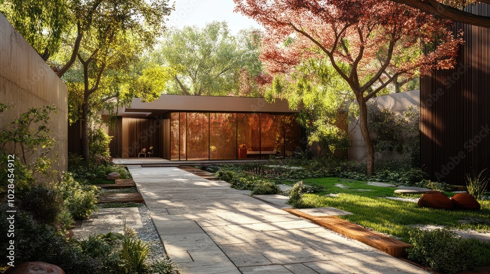 D rendering of a modern house featuring a beautiful garden and stylish architecture. D rendering of a modern house featuring a beautiful garden and stylish architecture.