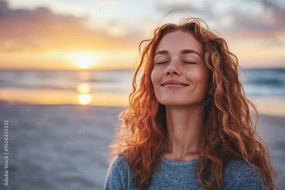 irish american woman, happy and meditation with breathing on beach for fresh air or spiritual yoga in nature. Faith, person or peaceful by ocean for sunset worship, holistic mindset or zen with mockup irish american woman, happy and meditation with breathing on beach for fresh air or spiritual yoga in nature. Faith, person or peaceful by ocean for sunset worship, holistic mindset or zen with mockup