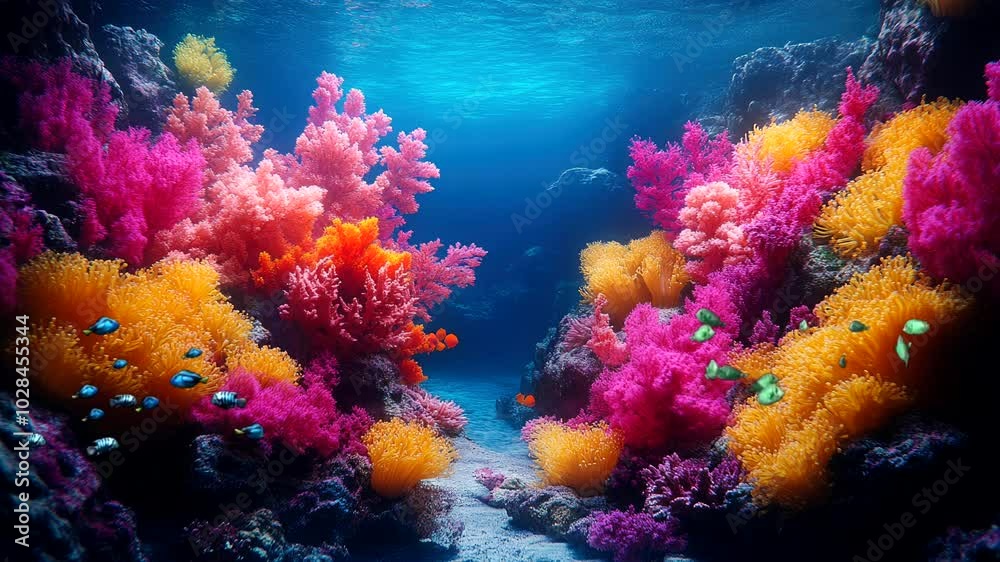 A vibrant underwater scene featuring colorful coral and tropical fish. Seamless looping 4k video animation background 