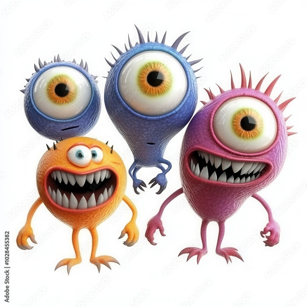 Colorful cartoon monsters with exaggerated features on a white isolated background Colorful cartoon monsters with exaggerated features on a white isolated background