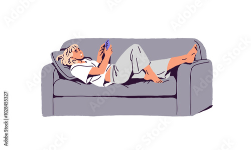 Happy girl has a rest on comfortable sofa and surfing internet by smartphone. Teenager relaxes on couch, holds phone and watches video, chats online. Flat isolated vector illustration on white