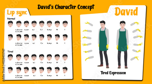 A tired housekeeper cartoon character AKA David. Caretaker cartoon vector character. Tired face expressions and lip sync. Set of caretaker with various hand gesture and front and 1/3 standing pose.