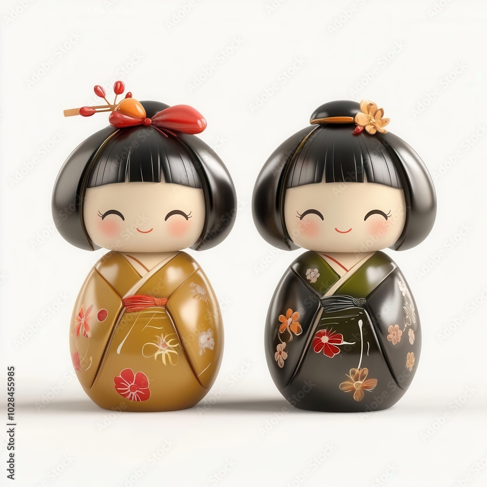 Two charming Kokeshi dolls on a white isolated background. Two charming Kokeshi dolls on a white isolated background.