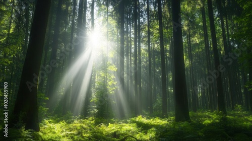 Sunlight streams through a lush forest, creating a serene and tranquil atmosphere.