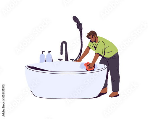 Person brushing bathtub, wipes with rag. Black man washing bath during wet cleaning. Housework in bathroom. Boy is housekeeping, household. Flat isolated vector illustration on white background