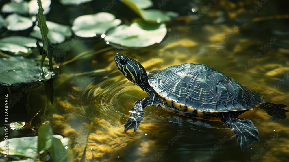 Obraz premium A Turtle Swimming in a Pond with Lily Pads