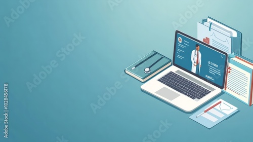 A medical education banner for online courses, with a laptop showing an online doctor consultation.