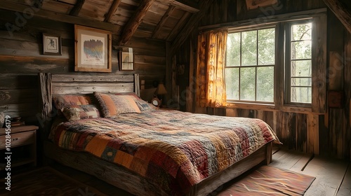 29. A rustic cabin bedroom with a wooden bed frame, a quilt, and a window letting in soft morning light