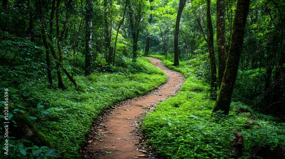 54. A solitary path through a dense forest, leading into the unknown 54. A solitary path through a dense forest, leading into the unknown