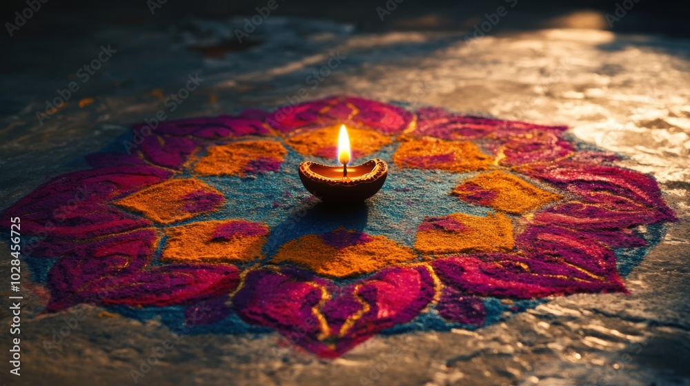 Single Rangoli a colorful Indian style rangoli design on ground with a single diya ...