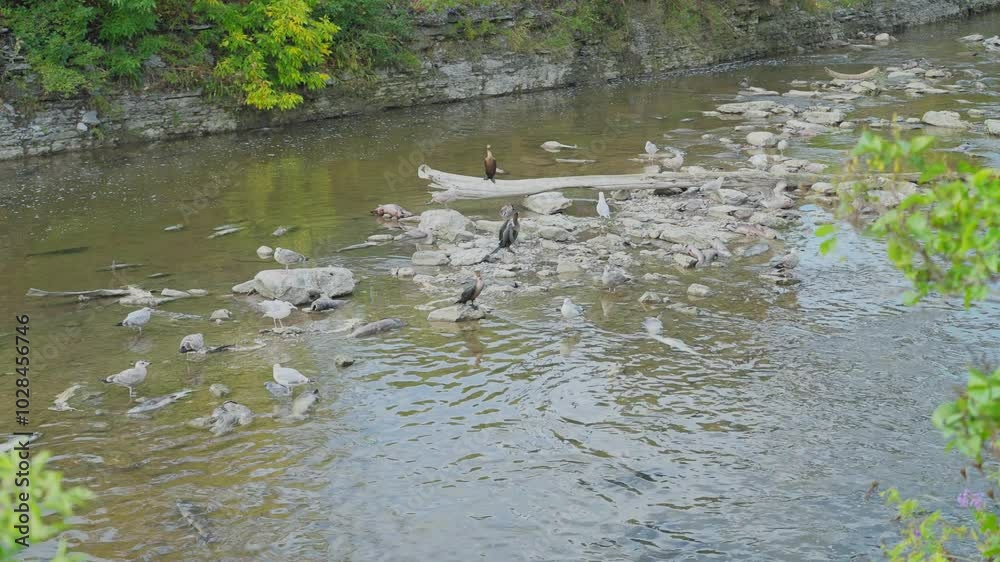 Birds gather in a shallow river during salmon run, scavenging on dead fish and rocks Birds gather in a shallow river during salmon run, scavenging on dead fish and rocks