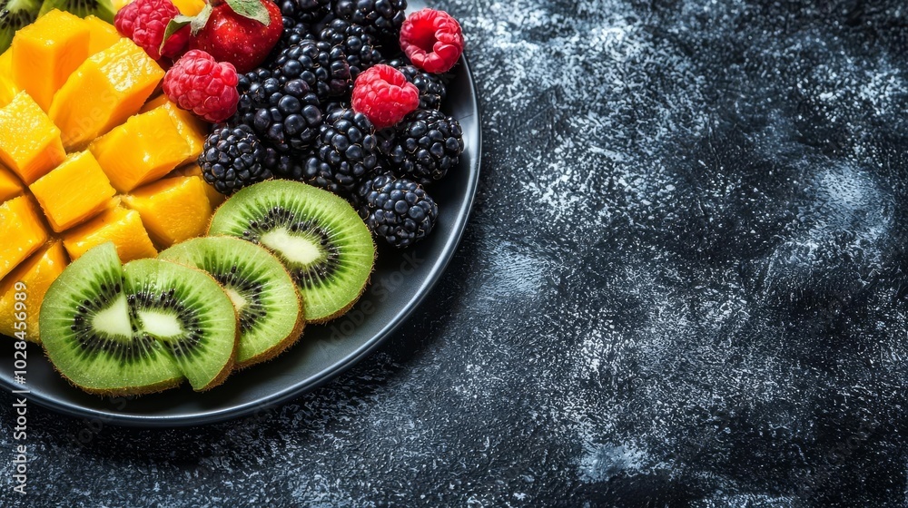 Colorful fruit platter featuring kiwi, mango, blackberry, raspberry, and more. Colorful fruit platter featuring kiwi, mango, blackberry, raspberry, and more.