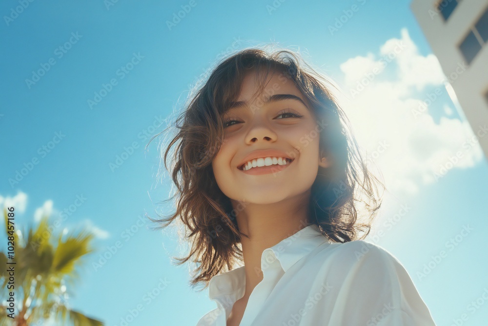 Photo low angle of cheerful cute adorable mexican american girl cheerful smile wear white shirt enjoying free time sunny weather outdoors modern city Photo low angle of cheerful cute adorable mexican american girl cheerful smile wear white shirt enjoying free time sunny weather outdoors modern city