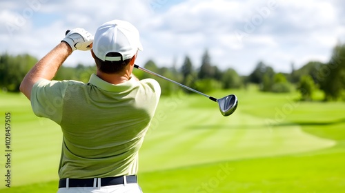 Wallpaper Mural A golfer in action swings a club on a sunny day, surrounded by lush greenery and a vast, open golf course. Torontodigital.ca