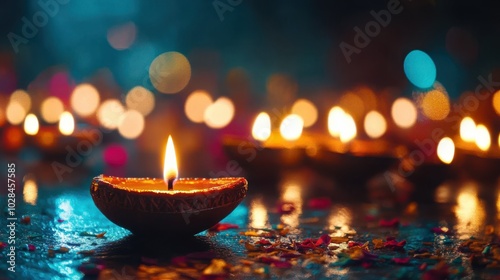 a single diya of diwali close up shot, with lots of diyas glowing in background, bokeh, cinematic, diwali background