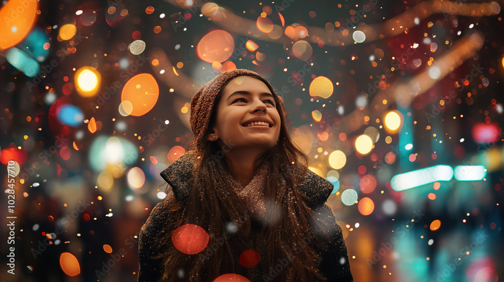 Young woman smiles joyfully in a city street illuminated by colorful lights and gentle snowfall, creating a festive and magical winter scene.