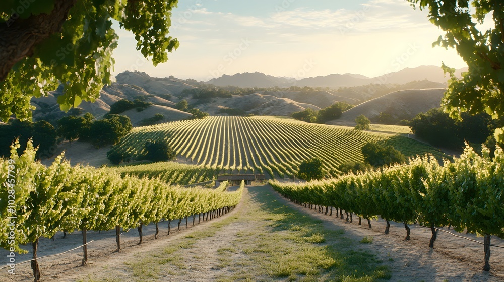 Fototapeta premium A serene vineyard landscape at sunset, with rows of lush grapevines and rolling hills bathed in warm golden light.