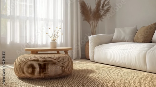 Interior of light living room with sofas, rattan table and soft carpet photo