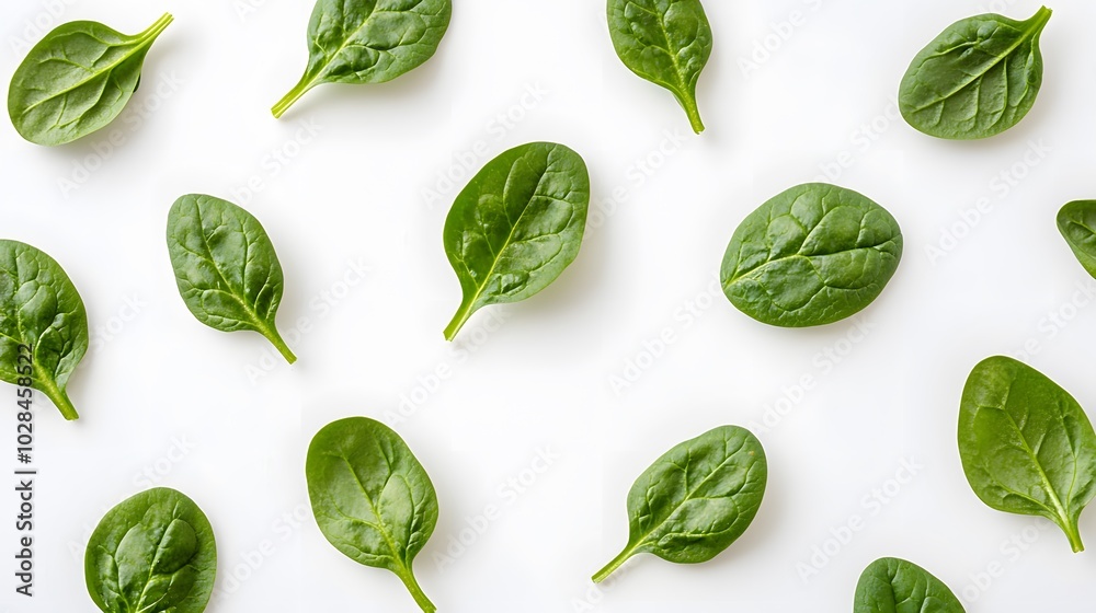 Fresh green healthy spinach on white background, top view. Fresh green healthy spinach on white background, top view.