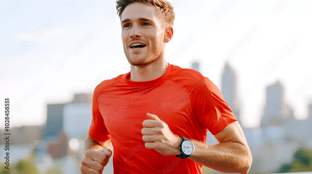 Fototapeta premium A smiling runner in a red shirt jogs against a city skyline, embodying fitness and vitality.