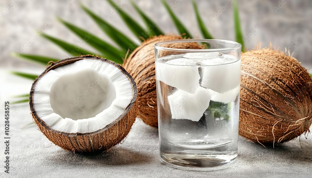 Fresh coconut water in a glass with coconut halves and green leaves in the background Fresh coconut water in a glass with coconut halves and green leaves in the background
