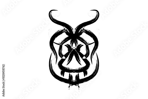 A detailed black and white illustration of a horned face, showcasing intricate features and expressive lines