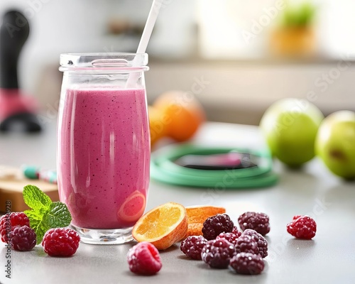 Fresh fruit smoothie in a glass with berries, oranges, and green apples on a countertop. photo