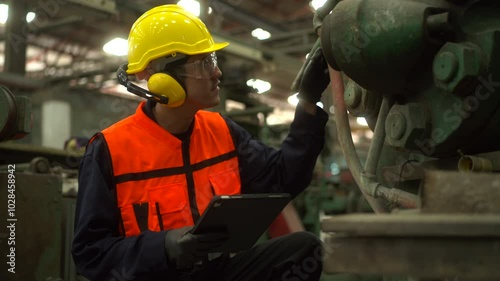 Professional technician man with safety helmet analyzing and maintenance with tablet in factory warehouse. Asian technician factory inspection and control machine in industry factory.
