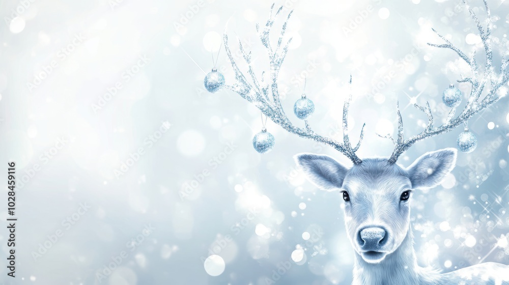 Holiday-themed banner template with a reindeer, its silver antlers decorated with small ornaments, set against a softly glowing background. Room for text on one side. Holiday-themed banner template with a reindeer, its silver antlers decorated with small ornaments, set against a softly glowing background. Room for text on one side.