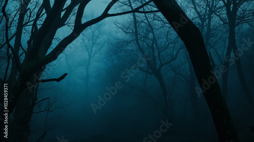 Full moon illuminating a foggy forest with bare trees