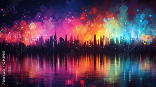 Abstract City Skyline with Colorful Fireworks and Reflections photo