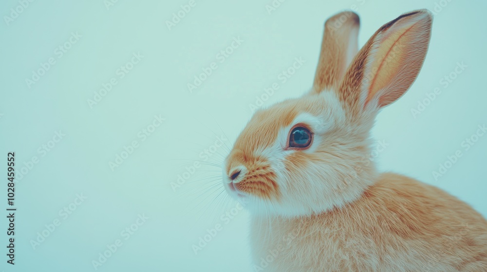 Obraz premium Stock minimalist photography of a curious rabbit with large ears, sitting against a minimalist white background with bright, even lighting