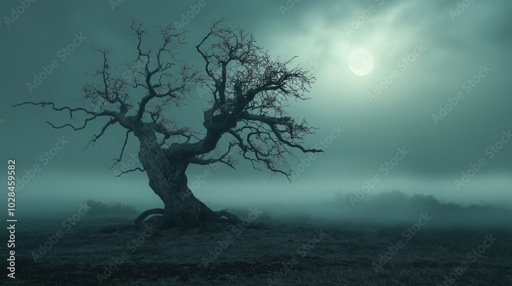 Twisted tree in foggy landscape under full moon at night Twisted tree in foggy landscape under full moon at night