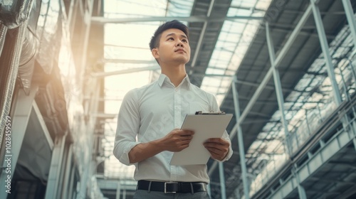 Wallpaper Mural asian man thinking standing with a notepad in hand, surrounded by industrial equipment and a bright warehouse setting Torontodigital.ca