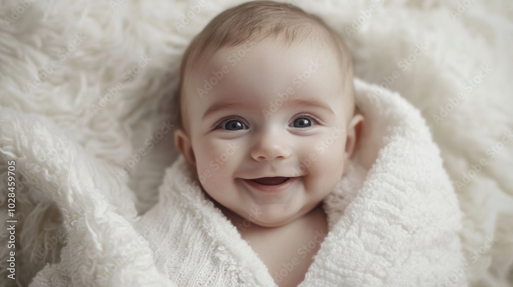 Portrait of a smiling baby boy wrapped in a soft, white furry blanket, exuding happiness after a bath. The adorable Caucasian infant is set against a light gray background Portrait of a smiling baby boy wrapped in a soft, white furry blanket, exuding happiness after a bath. The adorable Caucasian infant is set against a light gray background
