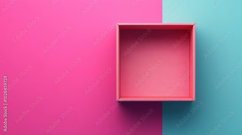 Open Empty Pink Gift Box on Vibrant Pink and Blue Background Open Empty Pink Gift Box on Vibrant Pink and Blue Background