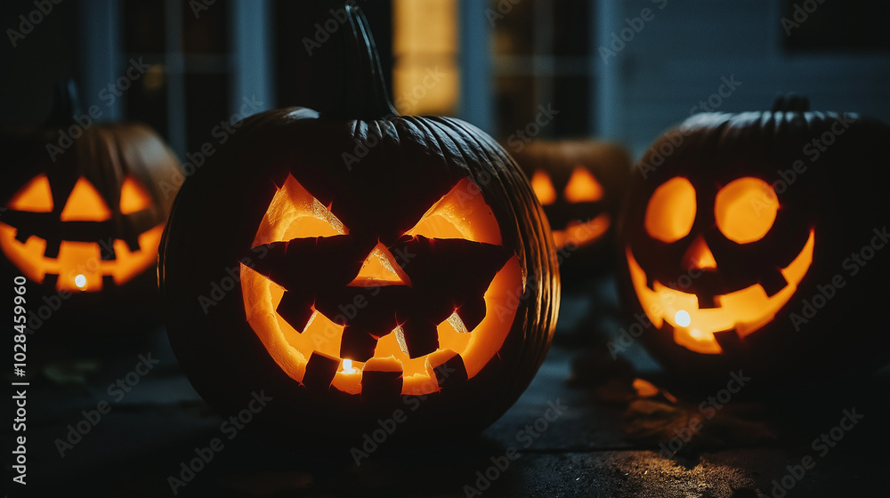 Fototapeta premium Glowing jack-o'-lanterns on porch during Halloween night