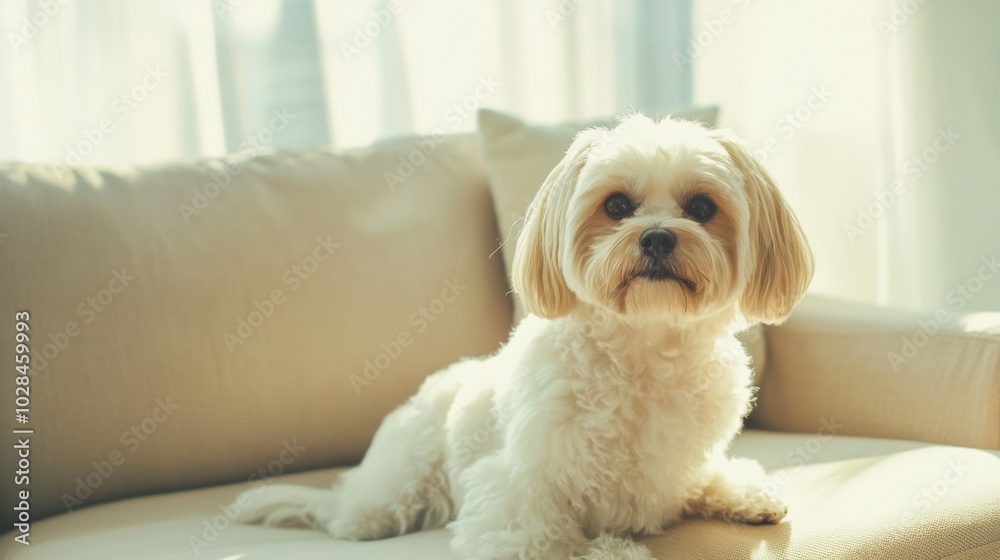 Shih Tzu dog sitting on a light sofa in a cozy living room with warm daylight, Shih Tzu dog sitting on a light sofa in a cozy living room with warm daylight,