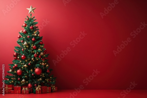 Christmas tree with decorations and sparkling fairy lights, with solid red background, copy space, Merry Christmas background, holiday decor ad, festive showcase photo