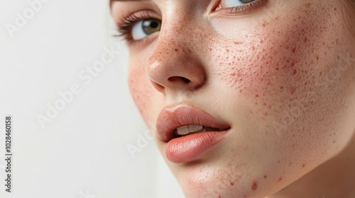 Portrait close-up of an elegant young woman with natural skin texture, showing acne scars. Soft, minimal background for copy space.