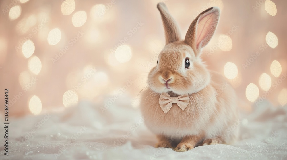 Stock minimalist photography of a cute bunny wearing a small bow tie and sitting on a smooth pastel backdrop with soft studio lighting for a minimalist, elegant effect Stock minimalist photography of a cute bunny wearing a small bow tie and sitting on a smooth pastel backdrop with soft studio lighting for a minimalist, elegant effect