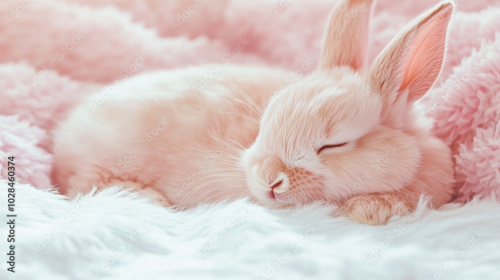 Stock minimalist photography of a pink bunny with closed eyes, resting on a white background with bright, even lighting for a peaceful and minimal look Stock minimalist photography of a pink bunny with closed eyes, resting on a white background with bright, even lighting for a peaceful and minimal look