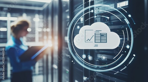Modern data center with cloud computing technology and analytics for efficient data management and storage solutions. photo