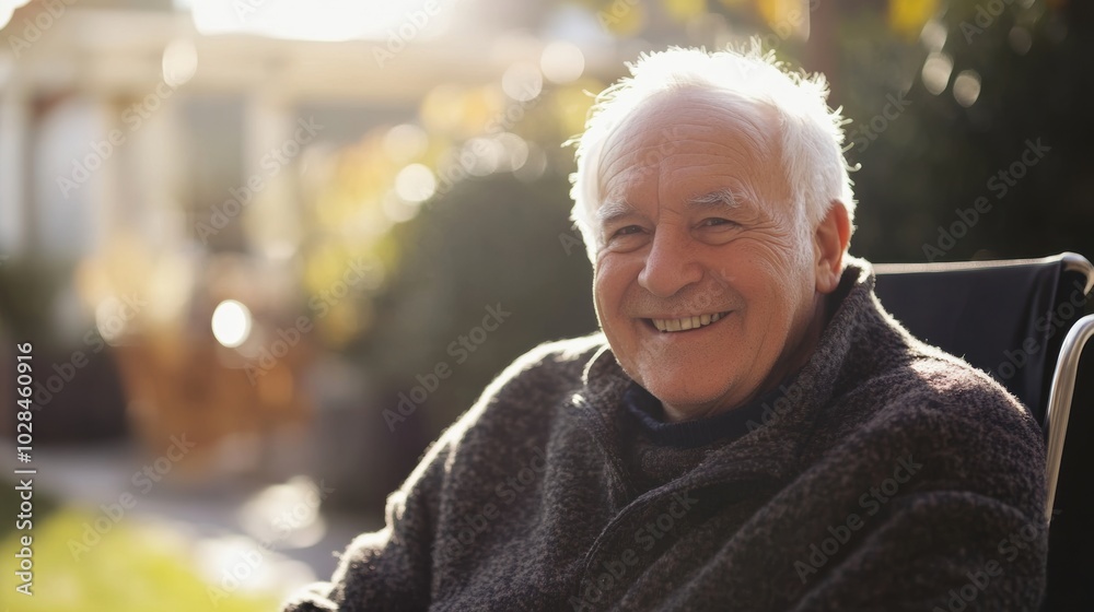 Senior man with white hair smiling in his wheelchair, clean and minimalistic image focusing on his happiness. Senior man with white hair smiling in his wheelchair, clean and minimalistic image focusing on his happiness.