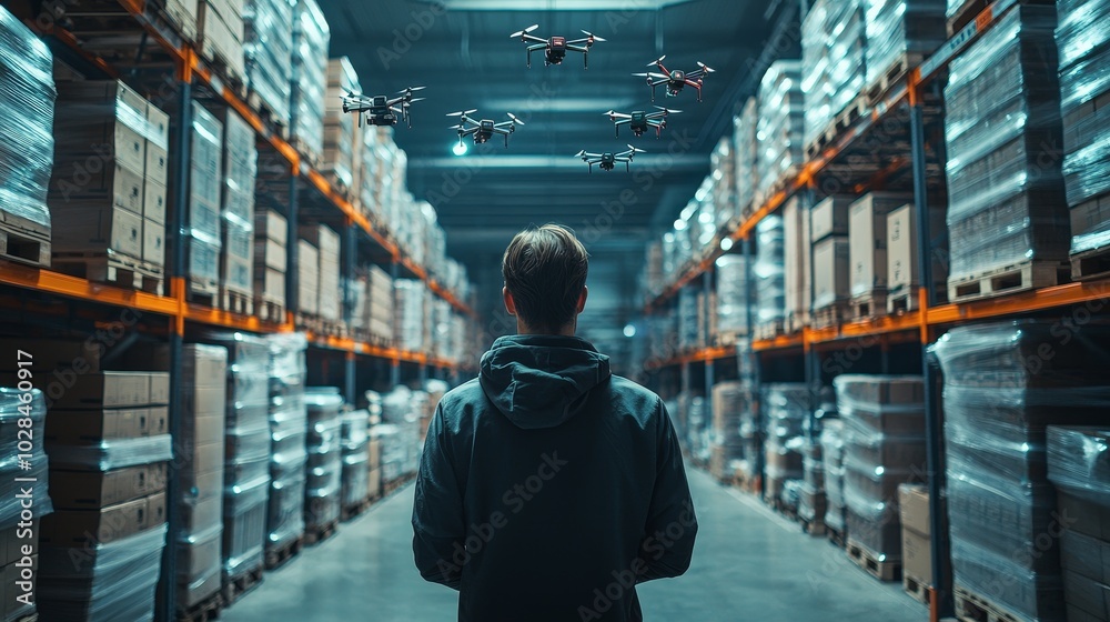 A futuristic smart warehouse where drones fly overhead scanning inventory, while predictive analytics software tracks stock levels in real-time on large digital displays. A futuristic smart warehouse where drones fly overhead scanning inventory, while predictive analytics software tracks stock levels in real-time on large digital displays.